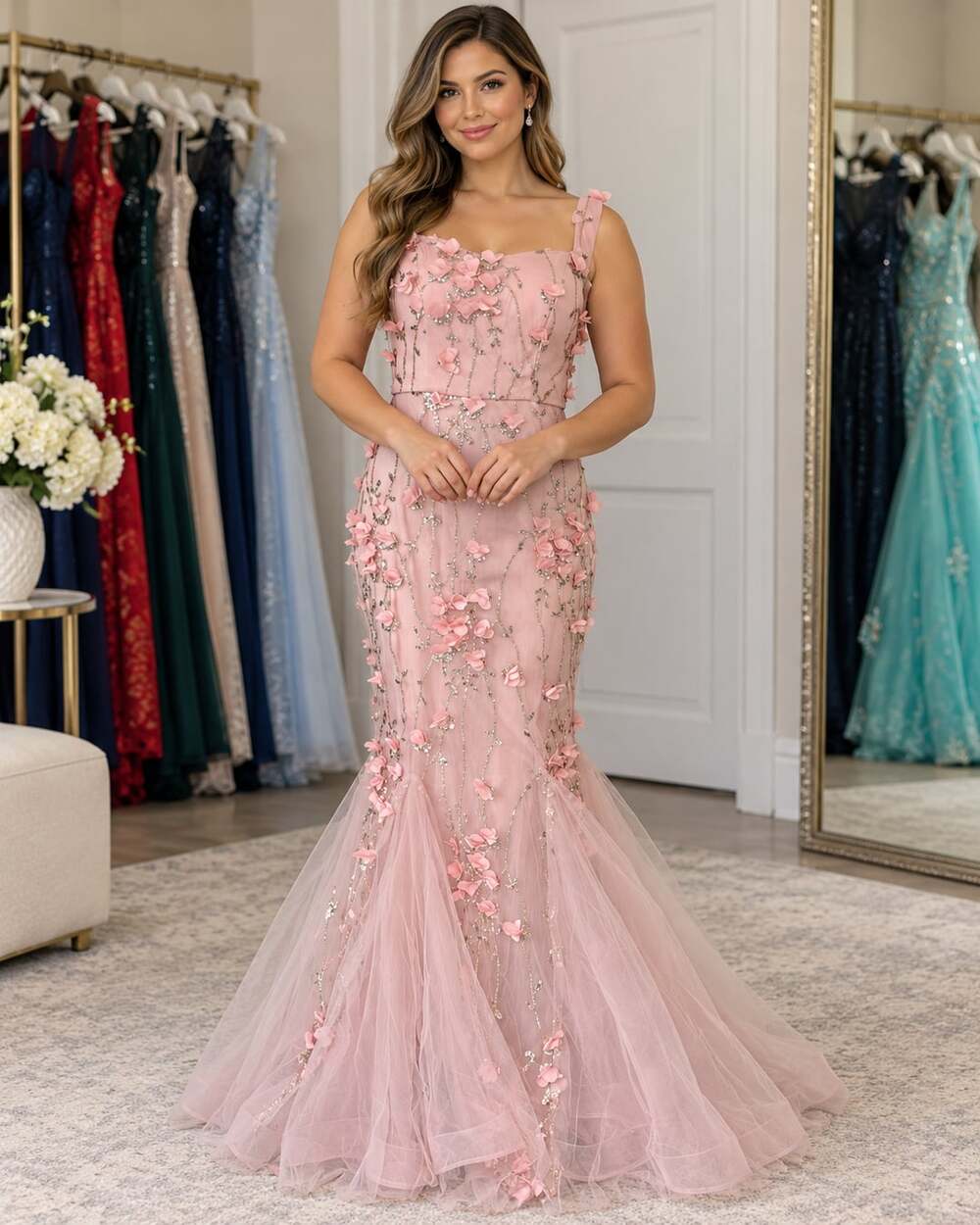 Fashion Nova Pink 3D Floral Beaded Mermaid Prom Formal Gown